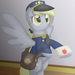 Size: 871x863 | Tagged: safe, artist:faith-wolff, derpy hooves, pegasus, pony, fanfic:the bridge, clothes, crossover, cute, fanfic, female, godzilla (series), mailmare, mare, story included, uniform