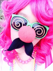 Size: 960x1280 | Tagged: dead source, safe, artist:kenzerrock, pinkie pie, human, close-up, clothes, cosplay, costume, groucho mask, irl, irl human, kenzerrock, photo, solo