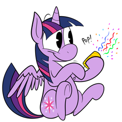 Size: 700x700 | Tagged: dead source, safe, artist:karpet-shark, derpibooru import, twilight sparkle, twilight sparkle (alicorn), alicorn, pony, confetti, confused, cute, dumb, female, happy, hoof hold, mare, party, party popper, simple background, sitting, smiling, solo, spread wings, twily-daily, underhoof, white background
