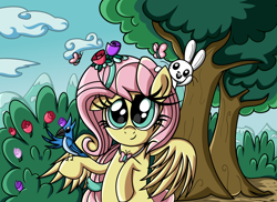 Size: 1200x874 | Tagged: safe, artist:daniel-sg, angel bunny, fluttershy, bird, butterfly, pegasus, pony