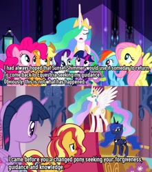 Size: 1809x2048 | Tagged: safe, derpibooru import, applejack, fluttershy, pinkie pie, princess celestia, princess luna, rainbow dash, rarity, sunset shimmer, twilight sparkle, twilight sparkle (alicorn), alicorn, better together, equestria girls, equestria girls (movie), forgotten friendship, captioned, mane six