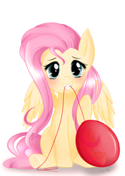 Size: 2480x3507 | Tagged: safe, artist:chokico, fluttershy, pegasus, pony, balloon, blushing, cute, grin, looking at you, mouth hold, raised hoof, shyabetes, simple background, smiling, solo, spread wings, squee, underhoof, white background