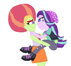 Size: 2000x1849 | Tagged: safe, artist:ktd1993, starlight glimmer, tree hugger, equestria girls, afro, beanie, carrying, equestria girls-ified, female, hat, lesbian, shipping, simple background, starhugger, transparent background