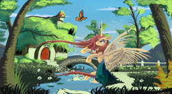 Size: 1280x709 | Tagged: safe, artist:auroriia, fluttershy, alicorn, butterfly, pegasus, pony, bridge, clothes, dress, fence, fluttershy's cottage, princess, river, scenery, solo, stream, tree