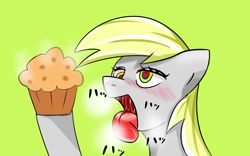 Size: 1400x873 | Tagged: safe, artist:honebuto, derpy hooves, pegasus, pony, ahegao, drool, drool string, explicit source, female, mare, muffin, pixiv, solo, that pony sure does love muffins