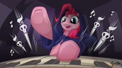 Size: 2560x1440 | Tagged: safe, artist:mysticalpha, pinkie pie, earth pony, pony, castle mane-ia, cloak, clothes, low angle, music notes, musical instrument, organ, playing, scene interpretation, solo, wallpaper