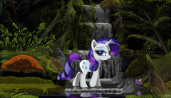 Size: 2600x1500 | Tagged: safe, artist:warfost, rarity, pony, unicorn, beautiful, forest, lidded eyes, looking back, scenery, scenery porn, solo, standing in water, waterfall