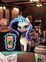 Size: 720x960 | Tagged: safe, artist:lumineko, derpy hooves, fluttershy, rarity, pegasus, pony, unicorn, coffee, female, glasses, looking at you, mare, offscreen character, pov, solo focus, starbucks