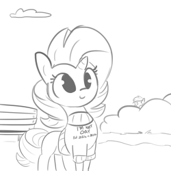 Size: 1650x1650 | Tagged: safe, artist:tjpones, derpibooru import, rainbow dash, rarity, pegasus, pony, unicorn, clothes, duo, female, grayscale, hiding, implied prostitution, mare, monochrome, not gay, simple background, sweater, white background