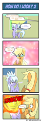 Size: 525x1523 | Tagged: safe, artist:reikomuffin, applejack, cloudchaser, earth pony, pegasus, pony, comic, decapitation, exploding head, explosion, female, funny, glasses, mare, oh no not again, thumbs up, wing hands