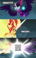 Size: 236x385 | Tagged: safe, screencap, midnight sparkle, sci-twi, sunset shimmer, twilight sparkle, equestria girls, friendship games, awesome, clothes, comic, daydream shimmer, digital, friendship, high five, high heels, horn, image macro, meme, skirt, wings