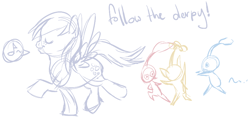 Size: 874x414 | Tagged: artist needed, source needed, safe, derpy hooves, pegasus, pony, blue pikmin, female, mare, pikmin, red pikmin, simple background, sketch, white background, yellow pikmin