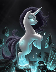 Size: 786x1017 | Tagged: safe, artist:gallothedisciple, rarity, pony, unicorn, glowing eyes, rock, solo