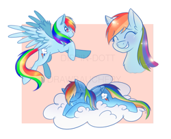 Size: 583x473 | Tagged: safe, artist:dippin-dott, artist:drawbauchery, derpibooru import, rainbow dash, pegasus, pony, clothes, cloud, female, looking at you, mare, sleeping, smiling, solo, uniform, watermark