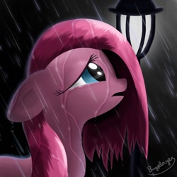 Size: 1200x1200 | Tagged: safe, artist:bugplayer, pinkie pie, earth pony, pony, female, floppy ears, lamp post, mare, night, pinkamena diane pie, profile, rain, solo, wet mane