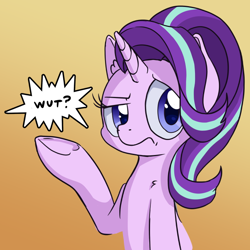 Size: 650x650 | Tagged: safe, artist:tehflah, starlight glimmer, pony, unicorn, confused, female, mare, reaction image, solo, speech bubble, wat