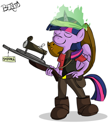 Size: 950x1080 | Tagged: safe, artist:benja, derpibooru import, twilight sparkle, twilight sparkle (alicorn), alicorn, anthro, bird, owl, animal, clothes, eyes closed, female, gun, hooves, horn, mare, midriff, optical sight, parody, rifle, short shirt, simple background, sniper, sniper rifle, solo, team fortress 2, weapon, white background, wings