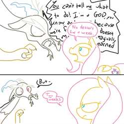 Size: 845x848 | Tagged: safe, artist:the weaver, discord, fluttershy, draconequus, pegasus, pony, assertive fluttershy, comic, dessert, dialogue, female, fluttermom, food, interrupted, looking at each other, male, mare, open mouth, simple background, weaver you magnificent bastard, white background