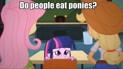 Size: 960x540 | Tagged: safe, applejack, fluttershy, twilight sparkle, equestria girls, equestria girls (movie), chair, chalkboard, desk, image macro, scared