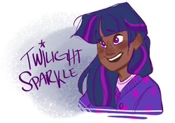 Size: 500x350 | Tagged: safe, artist:madithefreckled, derpibooru import, twilight sparkle, bust, clothes, dark skin, humanized, smiling, solo, sweater