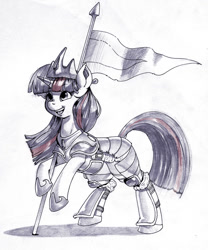 Size: 664x800 | Tagged: safe, artist:kevinsano, derpibooru import, twilight sparkle, armor, flag, solo, traditional art