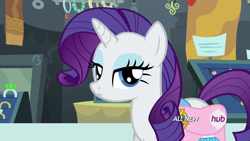 Size: 1920x1080 | Tagged: safe, screencap, rarity, pony, unicorn, trade ya, hub logo, saddle bag, solo, unamused