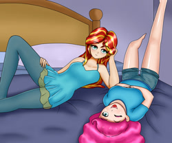 Size: 1024x853 | Tagged: safe, artist:focusb, pinkie pie, sunset shimmer, equestria girls, bed, bedroom, breasts, clothes, duo, female, human coloration, looking at you, one eye closed, open mouth, pants, shorts, smiling, wink