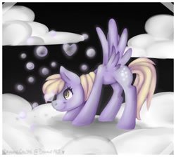 Size: 1024x919 | Tagged: safe, artist:drawing-heart, derpy hooves, pegasus, pony, bubble, cloud, cloudy, female, mare, solo, spread wings