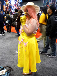 Size: 768x1024 | Tagged: artist needed, safe, fluttershy, human, clothes, convention, cosplay, gloves, hat, irl, irl human, photo, wondercon, wondercon 2012