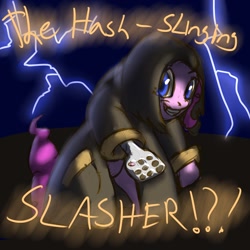 Size: 1280x1280 | Tagged: safe, artist:shdingo, pinkie pie, pony, bipedal, graveyard shift, lightning, solo, spatula, spongebob squarepants, the hash slinging slasher