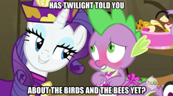 Size: 631x351 | Tagged: safe, derpibooru import, edit, edited screencap, screencap, rarity, spike, twilight sparkle, dragon, pony, unicorn, dragon quest, apron, blushing, caption, clothes, female, hub logo, image macro, innuendo, male, mare, meme, rarity's bad pickup lines, shipping, sparity, straight