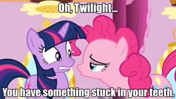 Size: 960x540 | Tagged: safe, derpibooru import, edit, edited screencap, screencap, pinkie pie, twilight sparkle, earth pony, pony, green isn't your color, bedroom eyes, caption, female, hearts and hooves day, image macro, lesbian, out of context, shipping, twinkie
