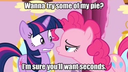 Size: 1280x720 | Tagged: safe, derpibooru import, edit, edited screencap, screencap, pinkie pie, twilight sparkle, earth pony, pony, green isn't your color, batman the animated series, bedroom eyes, female, image macro, lesbian, pickup lines, shipping, twinkie