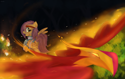 Size: 1696x1080 | Tagged: safe, artist:mattatatta, fluttershy, philomena, pegasus, phoenix, pony, clothes, fanfic, fire, forest, headband, injured, jacket, looking back, messy mane, open mouth, rearing, survivor shy