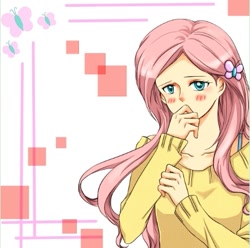 Size: 443x440 | Tagged: safe, artist:mr.sardine, fluttershy, human, clothes, humanized, pixiv, solo, sweater, sweatershy