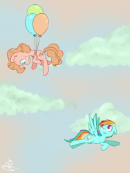 Size: 1500x2000 | Tagged: artist needed, safe, derpibooru import, pinkie pie, rainbow dash, earth pony, pegasus, pony, balloon, duo, floating, flying, looking at each other, sky, surprised, then watch her balloons lift her up to the sky