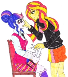 Size: 706x798 | Tagged: safe, artist:moka-sin, sci-twi, sunset shimmer, twilight sparkle, equestria girls, blushing, female, lesbian, scitwishimmer, shipping, simple background, sunsetsparkle, touching face, traditional art