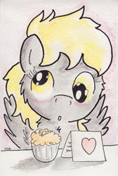 Size: 737x1099 | Tagged: safe, artist:slightlyshade, derpy hooves, pegasus, pony, blushing, muffin, solo, traditional art