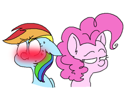 Size: 1280x932 | Tagged: safe, artist:drawbauchery, derpibooru import, pinkie pie, rainbow dash, earth pony, pegasus, pony, blushing, cute, female, floppy ears, lesbian, looking at each other, mare, pinkiedash, shipping, simple background, white background