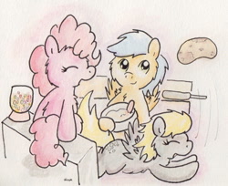 Size: 792x645 | Tagged: safe, artist:slightlyshade, derpy hooves, pinkie pie, oc, oc:scrollflitter, pegasus, pony, candy, cooking, kitchen, pancakes, traditional art