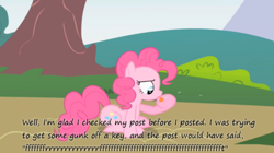 Size: 500x279 | Tagged: safe, pinkie pie, earth pony, pony, insane pony thread, solo, text, tongue out