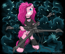 Size: 1465x1200 | Tagged: safe, artist:flutterthrash, pinkie pie, earth pony, pony, princess twilight sparkle (episode), alternate hairstyle, bipedal, black vine, clothes, goth, guitar, leg warmers, metal, michael angelo batio, necklace, quad guitar, shirt, solo