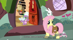 Size: 640x355 | Tagged: safe, screencap, angel bunny, fluttershy, owlowiscious, spike, dragon, pegasus, pony, just for sidekicks, meme, saddle bag, youtube caption