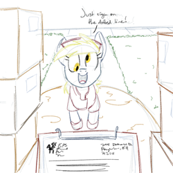 Size: 700x700 | Tagged: safe, artist:goat train, derpy hooves, pegasus, pony, boxes, clipboard, delivery, female, mail, mailmare, mare, open mouth, package, sketch, smiling