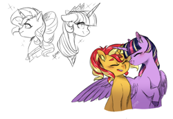 Size: 1000x687 | Tagged: safe, artist:s1nb0y, sunset shimmer, twilight sparkle, twilight sparkle (alicorn), alicorn, pony, unicorn, eyes closed, female, lesbian, nuzzling, shipping, simple background, sketch, sunsetsparkle, white background