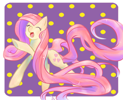 Size: 978x800 | Tagged: safe, artist:kemonomo, fluttershy, pegasus, pony, eyes closed, happy, long mane, open mouth, pixiv, pointing, smiling, solo, underhoof, wingless