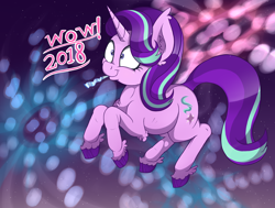 Size: 2346x1770 | Tagged: safe, artist:dragonpone, artist:paskanaakka, color edit, derpibooru exclusive, edit, starlight glimmer, pony, unicorn, 2018, :t, celebration, chest fluff, colored, colored sketch, ear fluff, female, fireworks, happy new year 2018, leg fluff, mare, meme, noisemaker, shrunken pupils, smiling, solo, unshorn fetlocks, wide eyes, wow, wow! glimmer