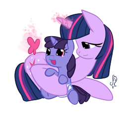 Size: 4724x4355 | Tagged: safe, artist:etiluos, derpibooru import, smarty pants, twilight sparkle, butterfly, pony, unicorn, absurd resolution, alive, diaper, eyes on the prize, foal, happy, hug, magic, mama twilight, mother, offspring, open mouth, parent:twilight sparkle, prone, simple background, smiling, transparent background, vector