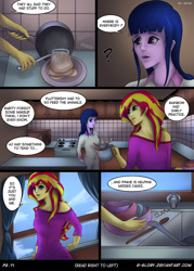 Size: 800x1120 | Tagged: safe, artist:g-glory, sunset shimmer, twilight sparkle, comic:up late, equestria girls, cabinet, clothes, comic, dialogue, dishes, female, food, kitchen, lesbian, pajamas, pancakes, shipping, speech bubble, stove, sunsetsparkle, window