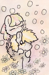 Size: 685x1041 | Tagged: safe, artist:slightlyshade, blossomforth, derpy hooves, pegasus, pony, blushing, bubble, ear bite, flower, traditional art